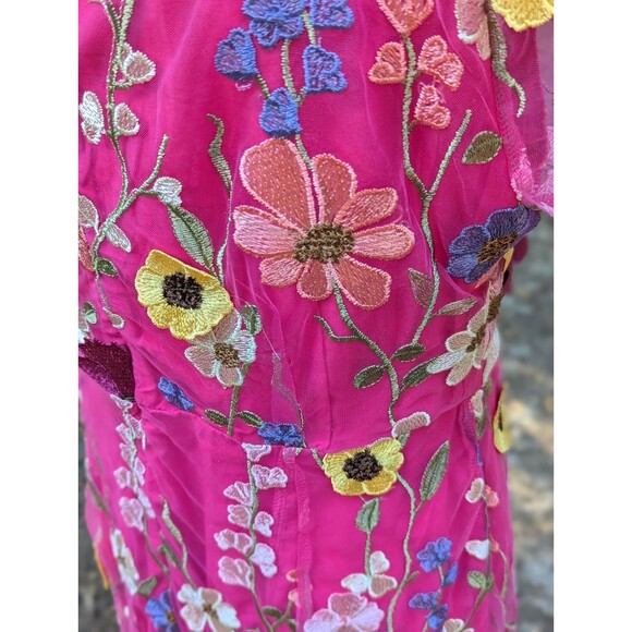 DALIA MACPHEE Lace Embroidered 3D Pink Floral Appliqué Maxi Dress Gown D2020 Med - Picture 15 of 15